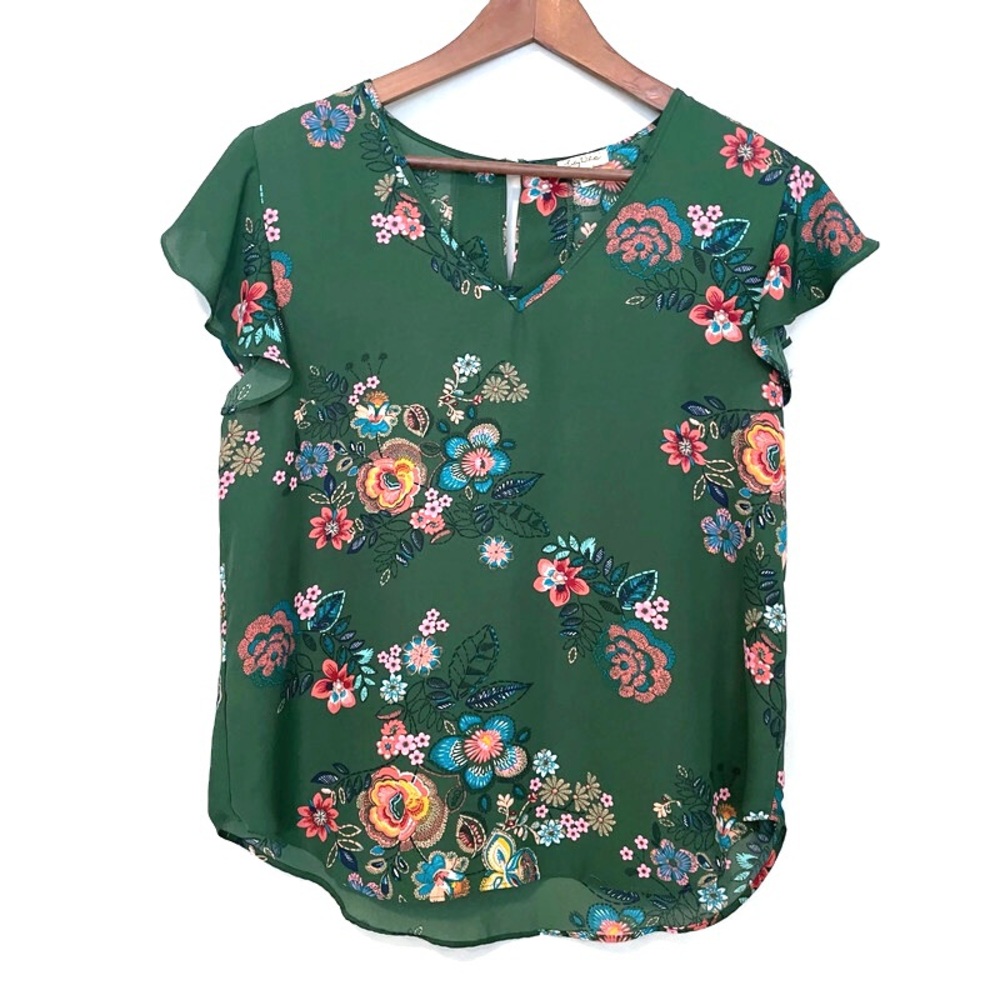 Green Floral Blouse Top Red Pink Yellow Blue Feminine Women’s size Large